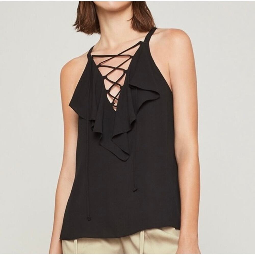 NWT BCBGMAXAZRIA Black Lace-Up Ruffle Halter Top‎ Size XS Sleeveless Blouse
